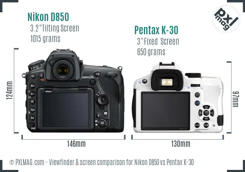 Nikon D850 vs Pentax K-30 Screen and Viewfinder comparison