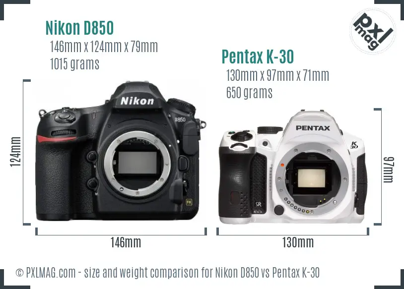 Nikon D850 vs Pentax K-30 size comparison