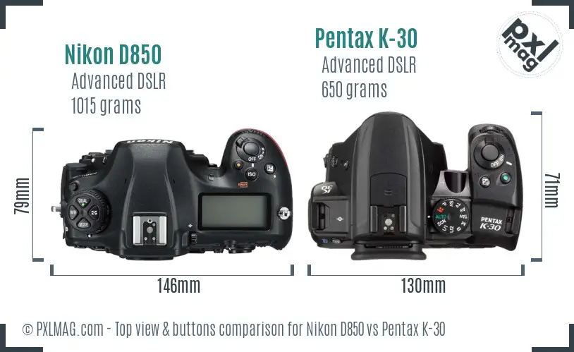 Nikon D850 vs Pentax K-30 top view buttons comparison