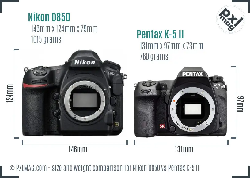 Nikon D850 vs Pentax K-5 II size comparison