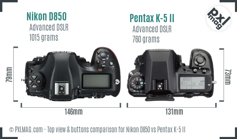 Nikon D850 vs Pentax K-5 II top view buttons comparison