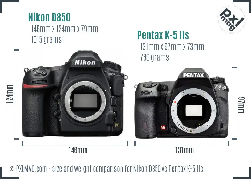 Nikon D850 vs Pentax K-5 IIs size comparison