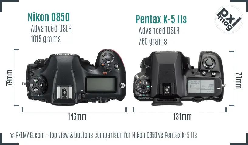 Nikon D850 vs Pentax K-5 IIs top view buttons comparison