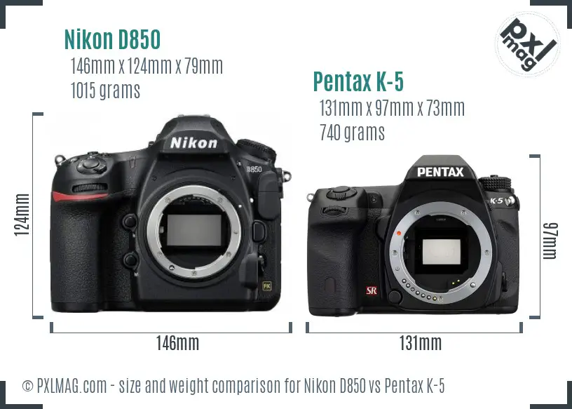 Nikon D850 vs Pentax K-5 size comparison
