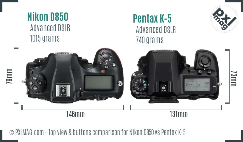 Nikon D850 vs Pentax K-5 top view buttons comparison