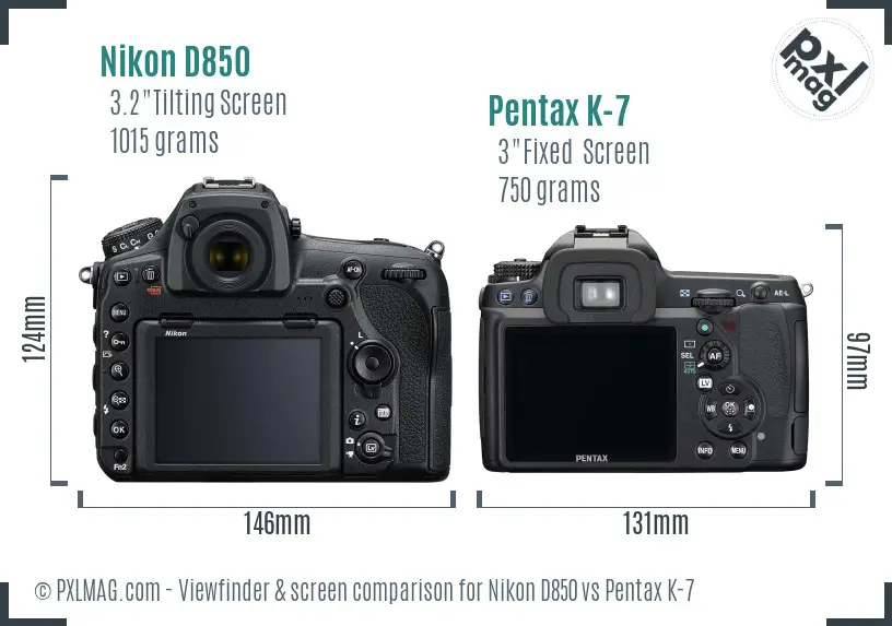 Nikon D850 vs Pentax K-7 Screen and Viewfinder comparison