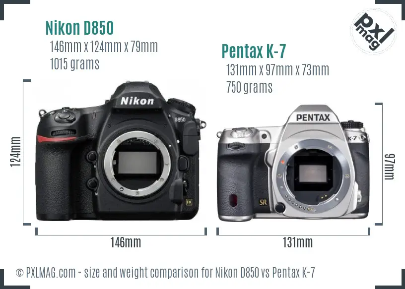 Nikon D850 vs Pentax K-7 size comparison