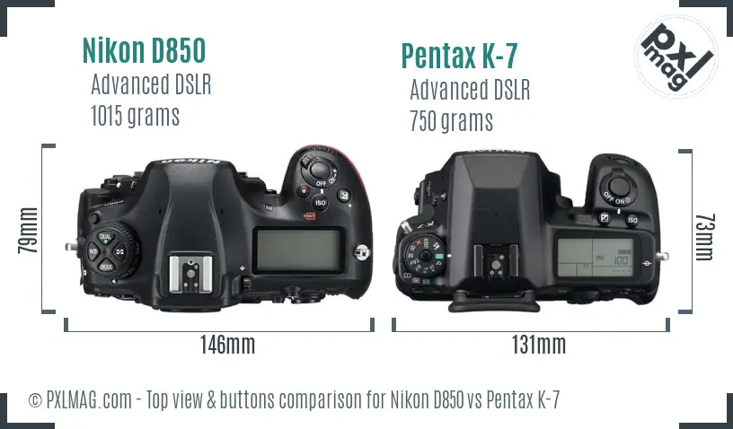 Nikon D850 vs Pentax K-7 top view buttons comparison