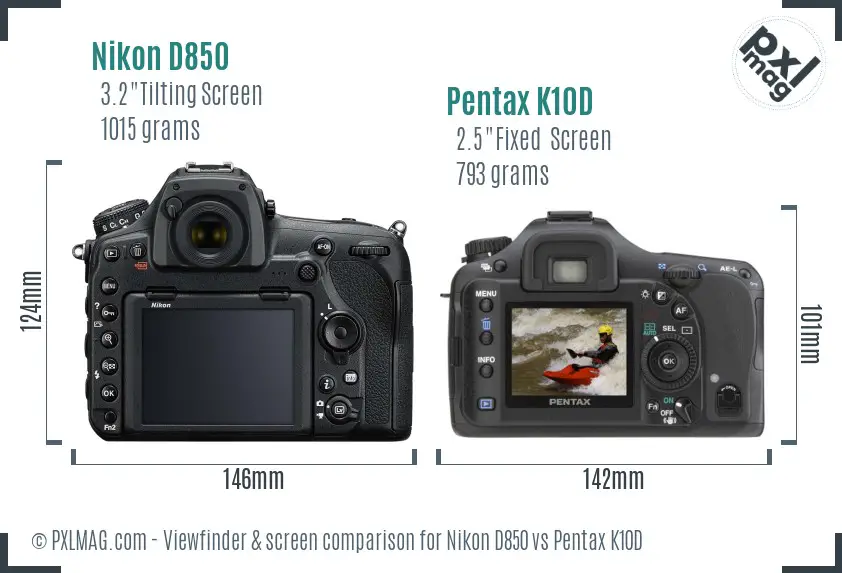 Nikon D850 vs Pentax K10D Screen and Viewfinder comparison