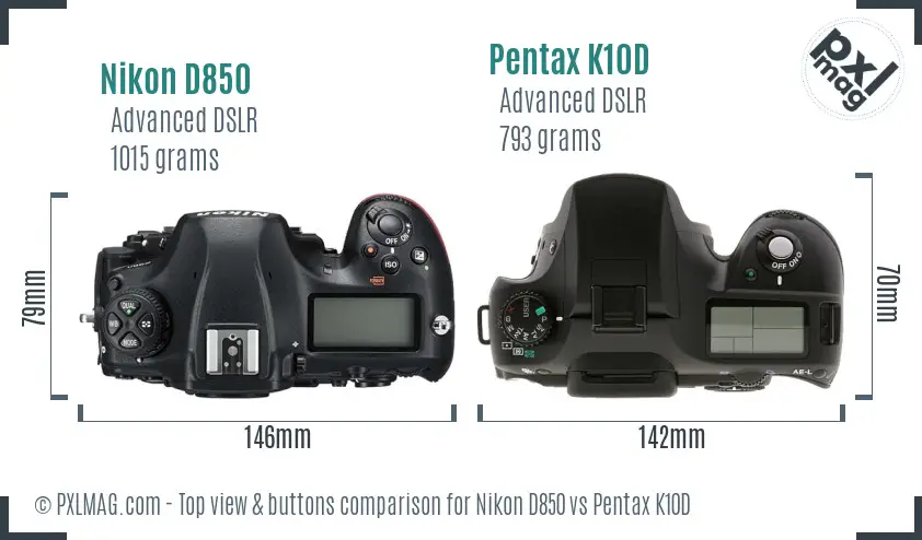 Nikon D850 vs Pentax K10D top view buttons comparison