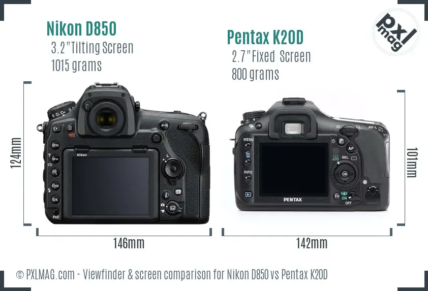 Nikon D850 vs Pentax K20D Screen and Viewfinder comparison