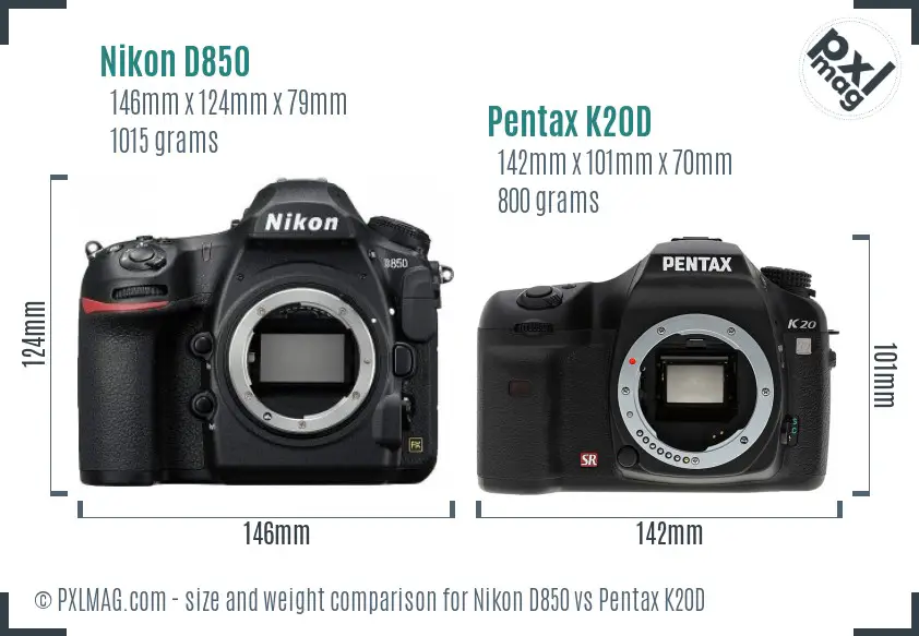 Nikon D850 vs Pentax K20D size comparison