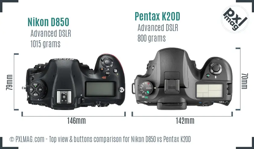 Nikon D850 vs Pentax K20D top view buttons comparison