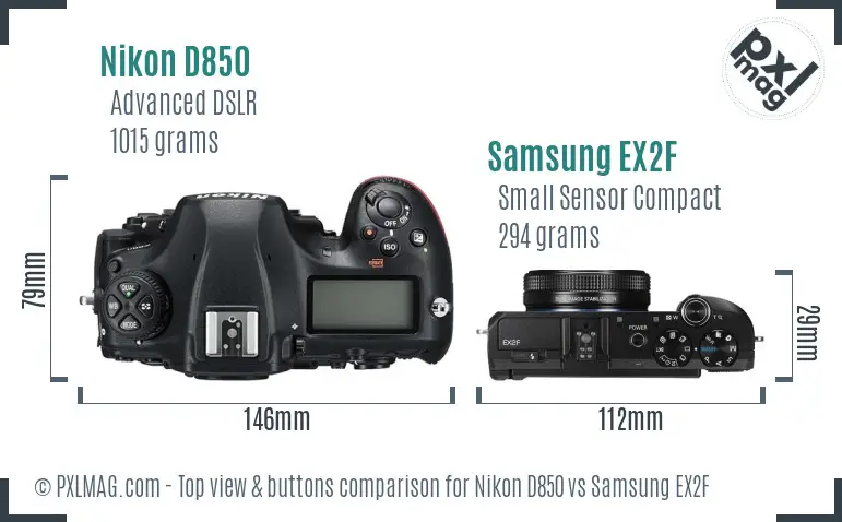 Nikon D850 vs Samsung EX2F top view buttons comparison