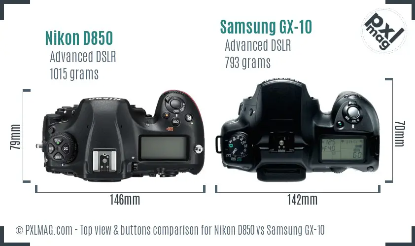 Nikon D850 vs Samsung GX-10 top view buttons comparison