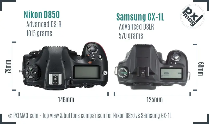 Nikon D850 vs Samsung GX-1L top view buttons comparison