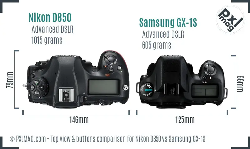 Nikon D850 vs Samsung GX-1S top view buttons comparison