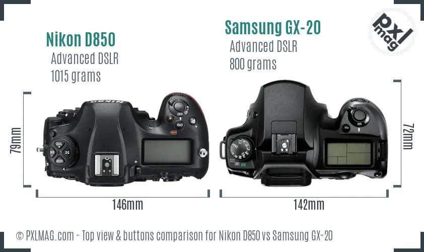 Nikon D850 vs Samsung GX-20 top view buttons comparison