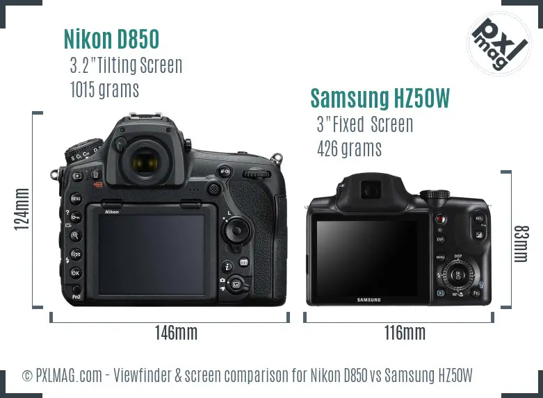 Nikon D850 vs Samsung HZ50W Screen and Viewfinder comparison