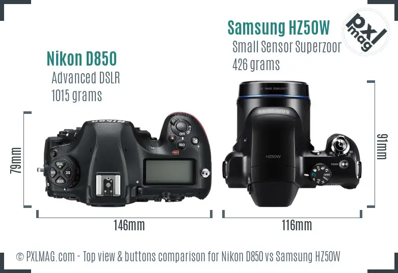 Nikon D850 vs Samsung HZ50W top view buttons comparison
