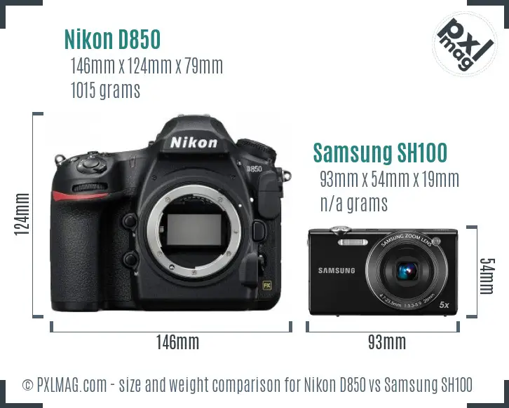 Nikon D850 vs Samsung SH100 size comparison