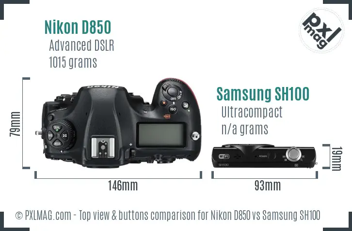Nikon D850 vs Samsung SH100 top view buttons comparison