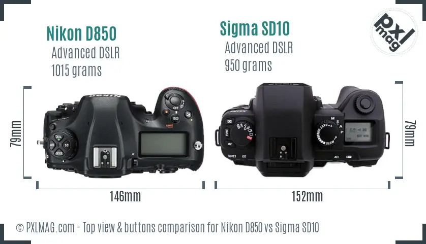Nikon D850 vs Sigma SD10 top view buttons comparison