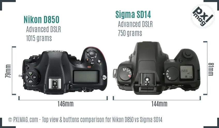 Nikon D850 vs Sigma SD14 top view buttons comparison