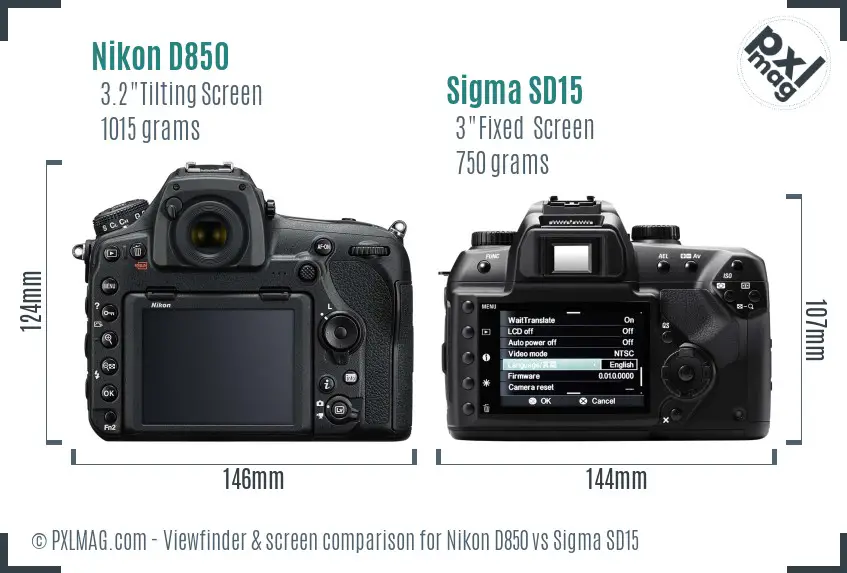 Nikon D850 vs Sigma SD15 Screen and Viewfinder comparison