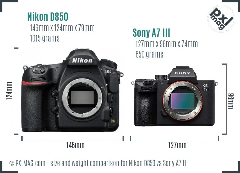 Nikon D850 vs Sony A7 III size comparison