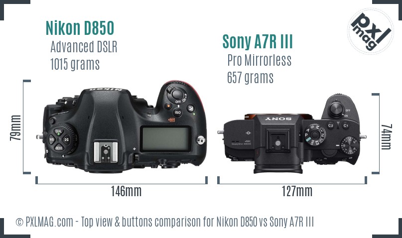 Nikon D850 vs Sony A7R III top view buttons comparison