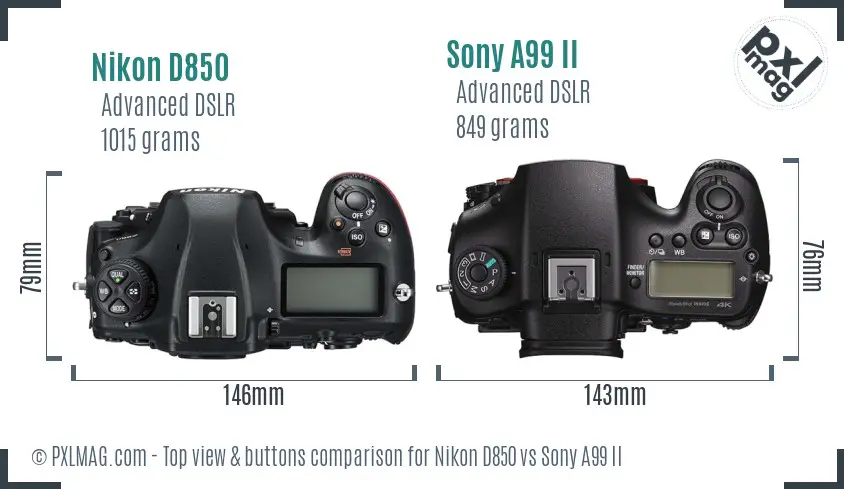 Nikon D850 vs Sony A99 II top view buttons comparison