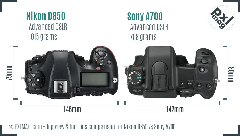 Nikon D850 vs Sony A700 top view buttons comparison