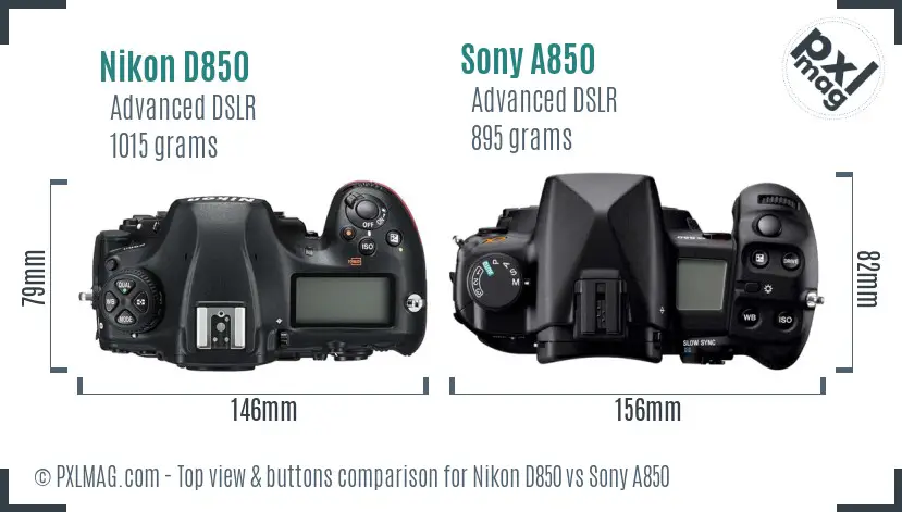 Nikon D850 vs Sony A850 top view buttons comparison