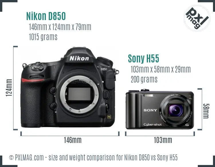 Nikon D850 vs Sony H55 size comparison