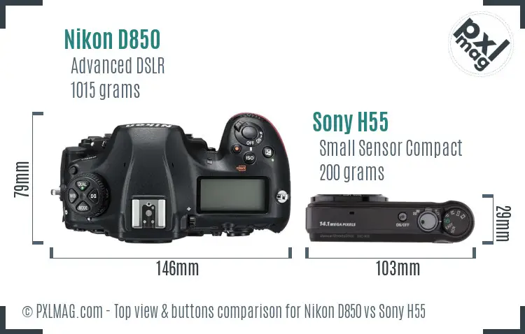 Nikon D850 vs Sony H55 top view buttons comparison