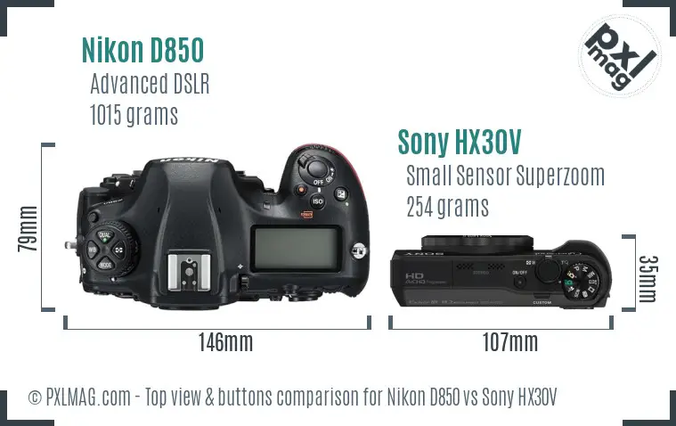 Nikon D850 vs Sony HX30V top view buttons comparison