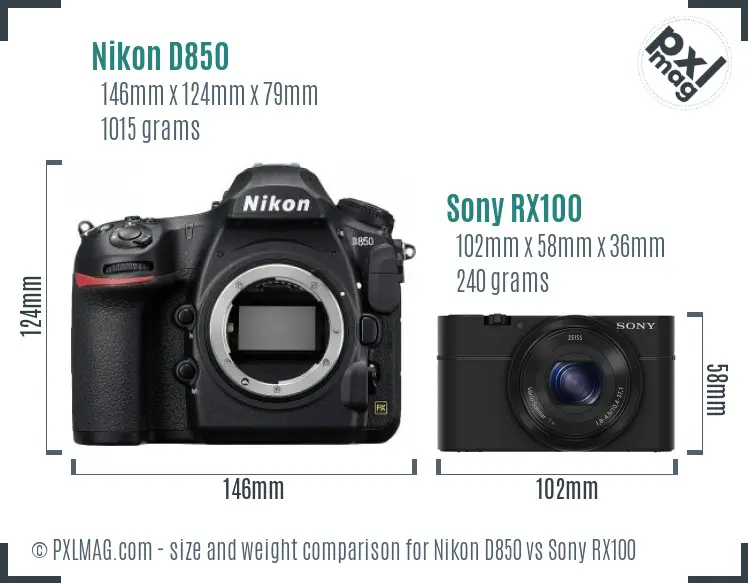 Nikon D850 vs Sony RX100 size comparison