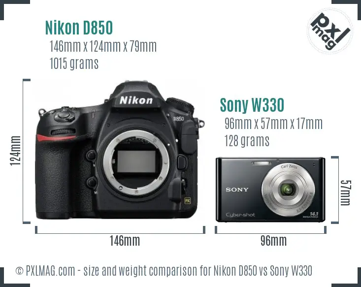 Nikon D850 vs Sony W330 size comparison