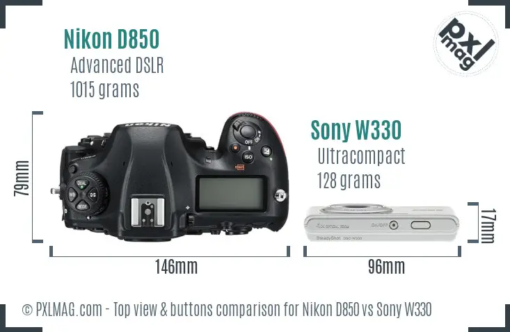 Nikon D850 vs Sony W330 top view buttons comparison