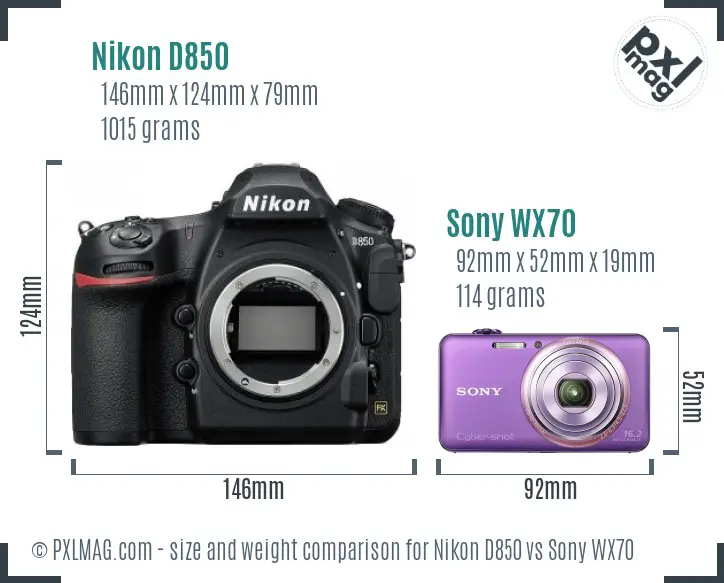 Nikon D850 vs Sony WX70 size comparison