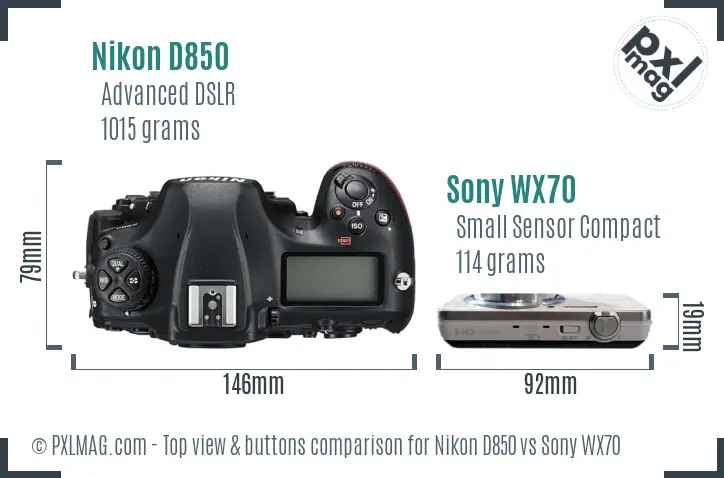 Nikon D850 vs Sony WX70 top view buttons comparison