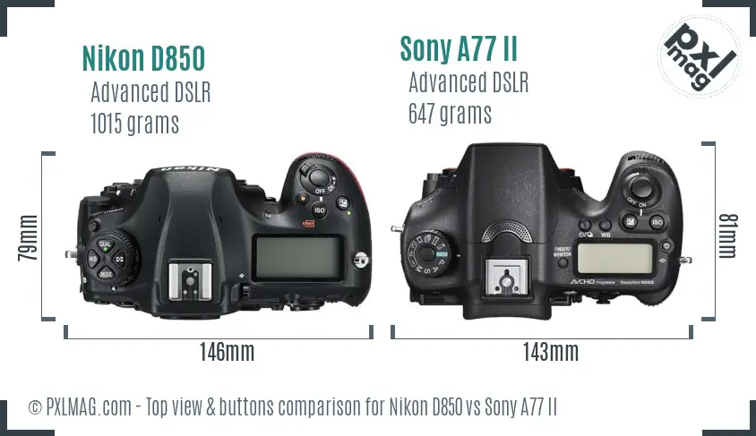 Nikon D850 vs Sony A77 II top view buttons comparison