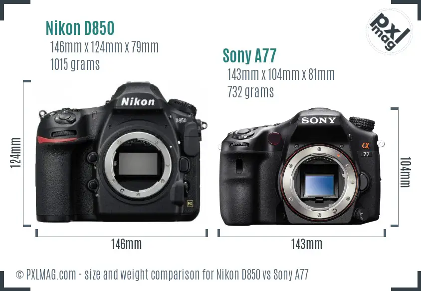 Nikon D850 vs Sony A77 size comparison