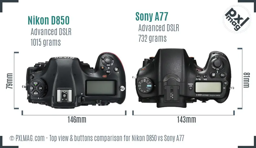 Nikon D850 vs Sony A77 top view buttons comparison