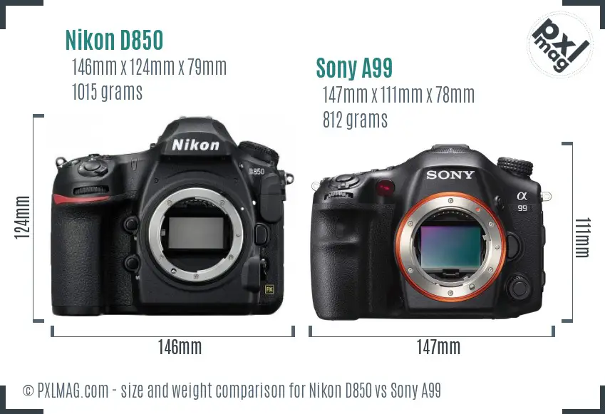 Nikon D850 vs Sony A99 size comparison
