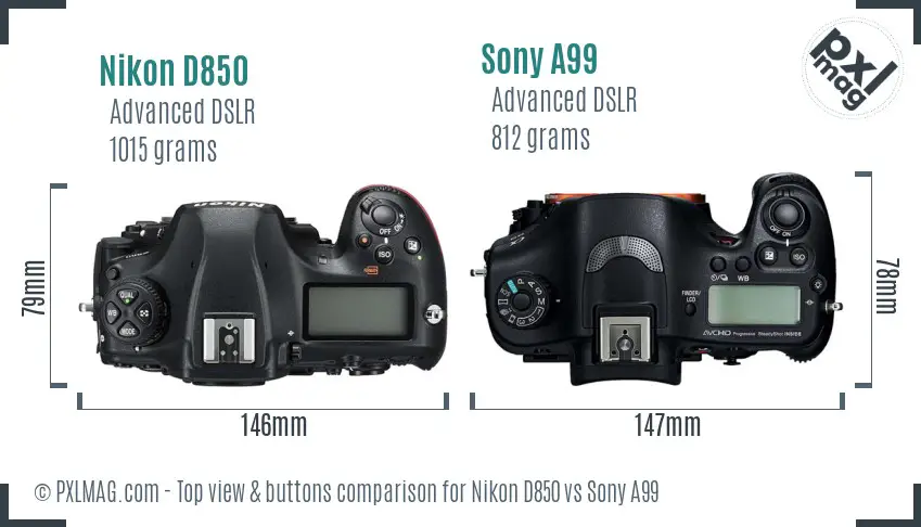 Nikon D850 vs Sony A99 top view buttons comparison