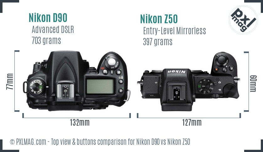 Nikon D90 vs Nikon Z50 top view buttons comparison