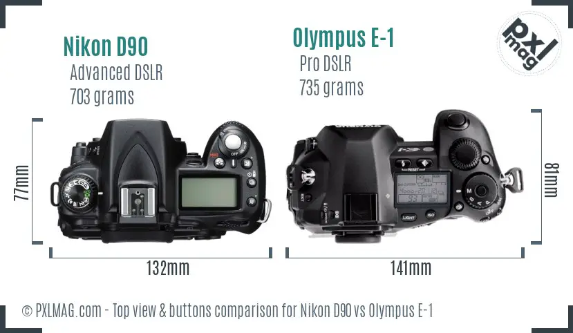 Nikon D90 vs Olympus E-1 top view buttons comparison