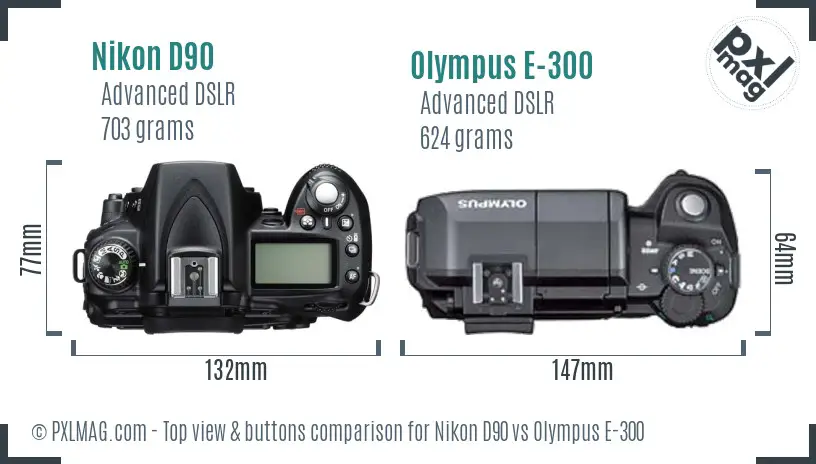 Nikon D90 vs Olympus E-300 top view buttons comparison